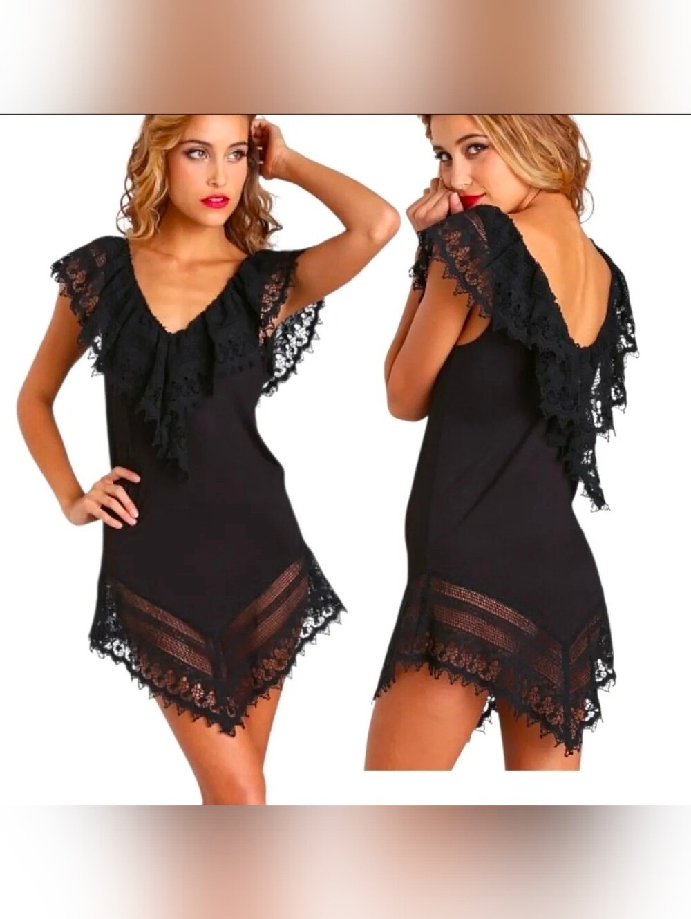 JEN'S PIRATE BOOTY "Morning Star" Sz S Deep Front Back V Blk Crochet Mini Dress